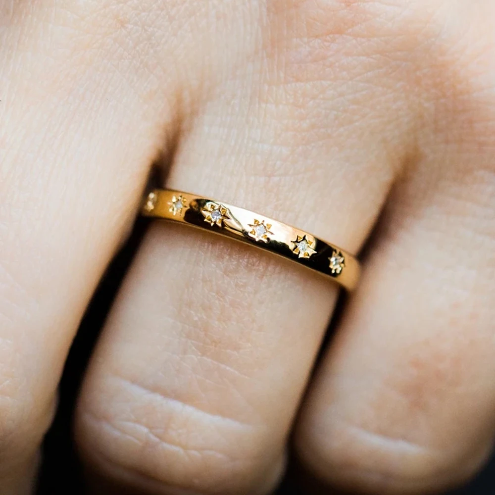 Huitan Korean Style Simple Metal Rings for Women Inlaid Shiny CZ Stone Daily Wearable Accessories Versatile Lady Finger Jewelry