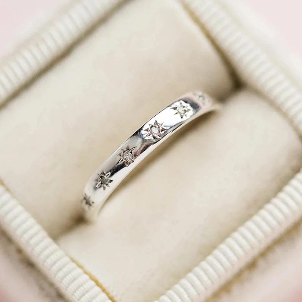 Huitan Korean Style Simple Metal Rings for Women Inlaid Shiny CZ Stone Daily Wearable Accessories Versatile Lady Finger Jewelry