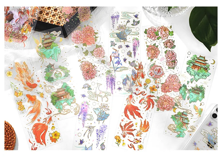 2 Sheets Chinese style Koi Flat Stickers aesthetic Journal notebook junk journal supplies Diy Scrapbooking Stationery Sticker