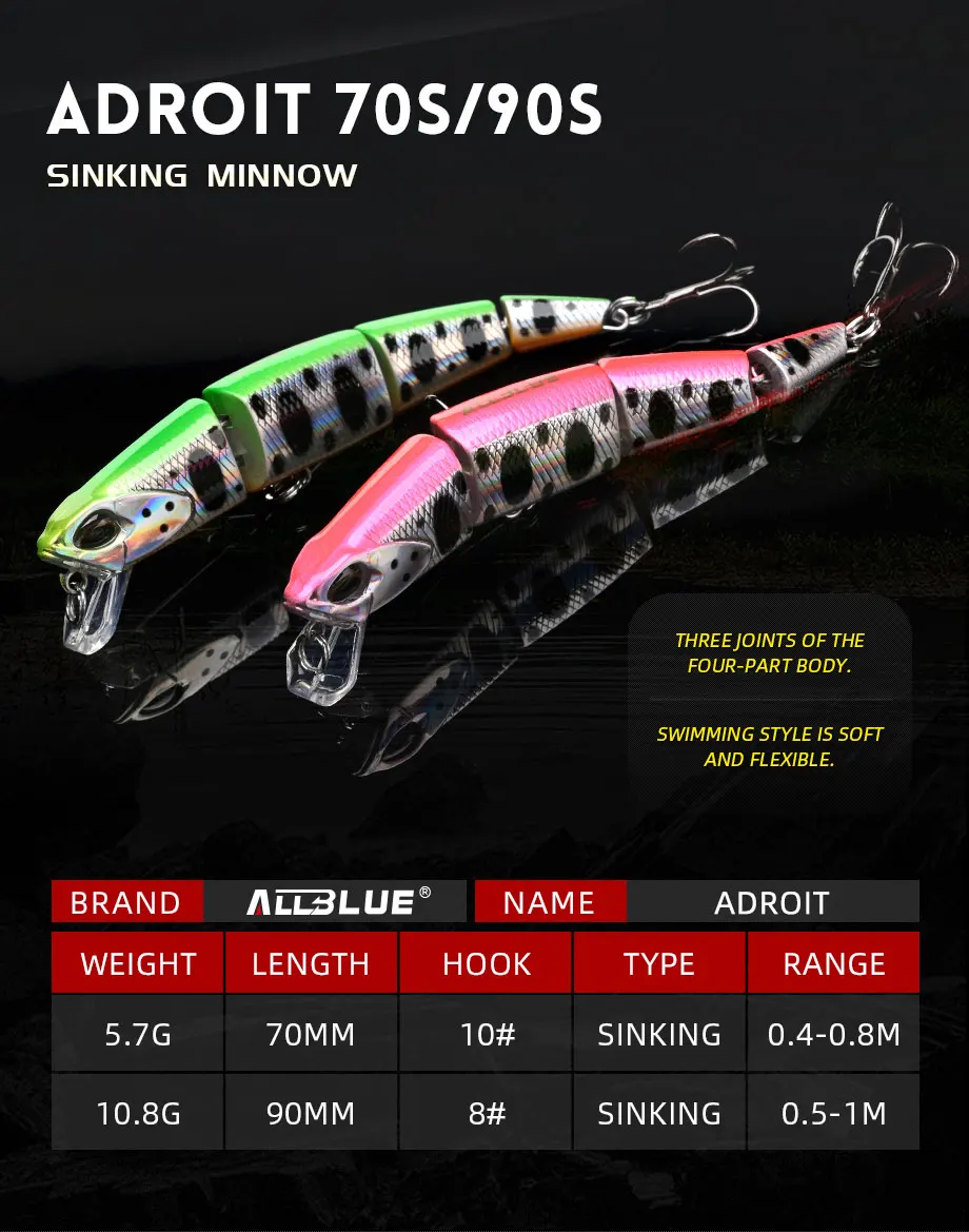 ALLBLUE Professional Jointed Swimbait 70mm 90mm Sinking Minnow Fishing Lure Jerkbait Artificial Hard Baits for Pike Bass Perch