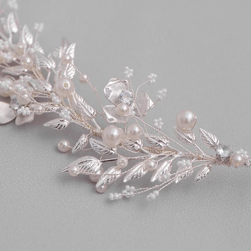 Silver Color Leaf Pearl Headband Tiara For Bridal Hair Accessories Wedding Hair Band Crystal Pearl Tiaras and Brides Headpieces