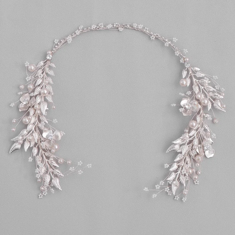 Silver Color Leaf Pearl Headband Tiara For Bridal Hair Accessories Wedding Hair Band Crystal Pearl Tiaras and Brides Headpieces