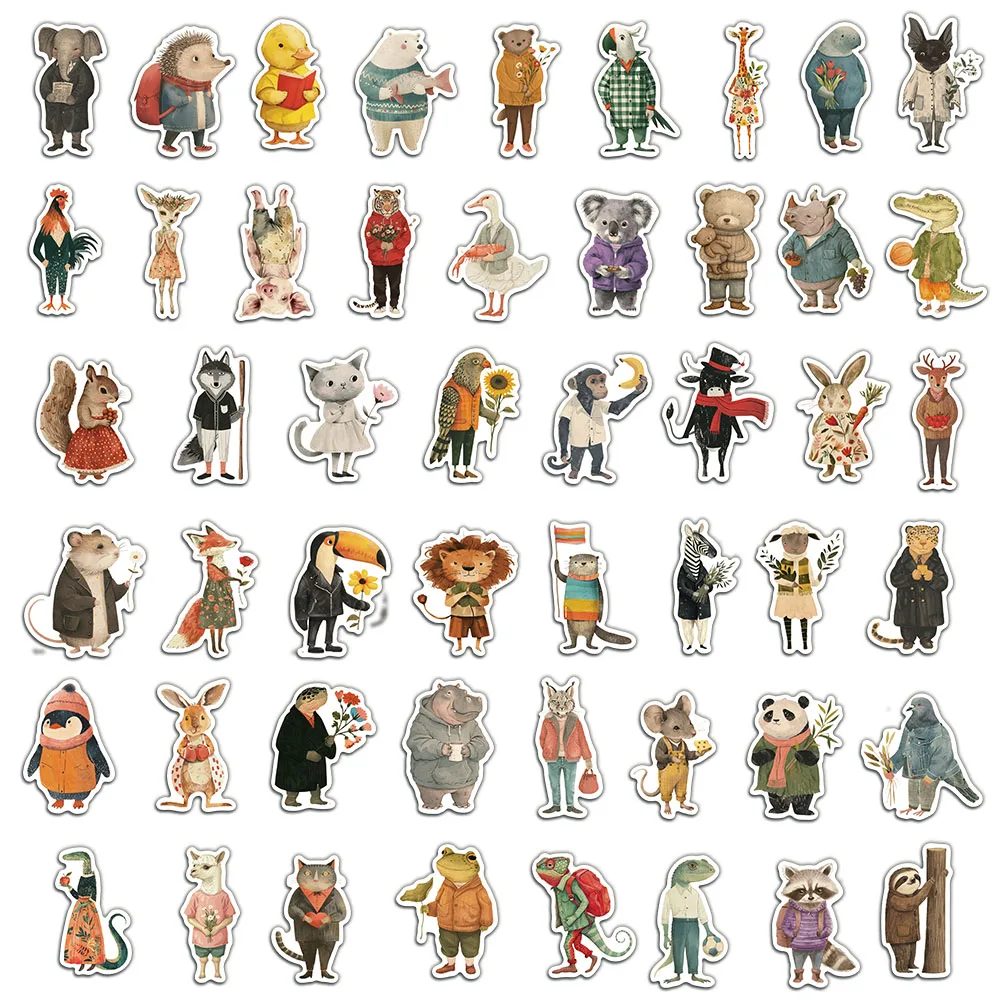 50PCS Cartoon Retro Hand drawn Animal Stickers Creative Laptop Phone Cases Handbooks Decorative Stickers