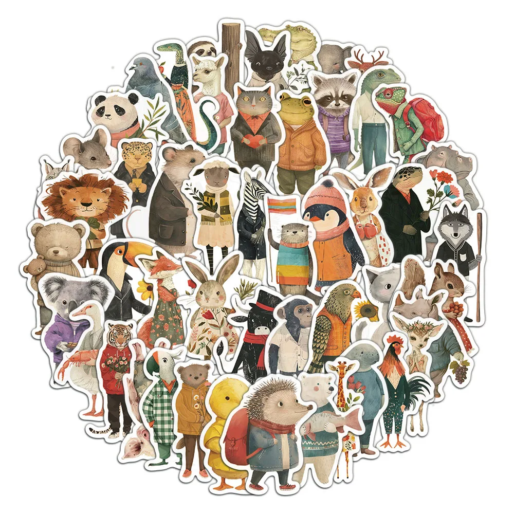 50PCS Cartoon Retro Hand drawn Animal Stickers Creative Laptop Phone Cases Handbooks Decorative Stickers