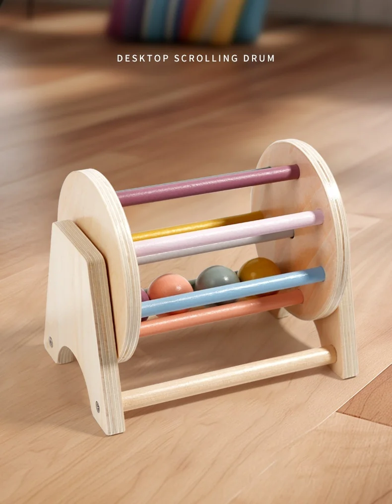 Baby Early Learning Montessori Toys Gift Wooden Rolling Ball Drum Listening Exercise Color Cognition Hand-eye Coordination Train