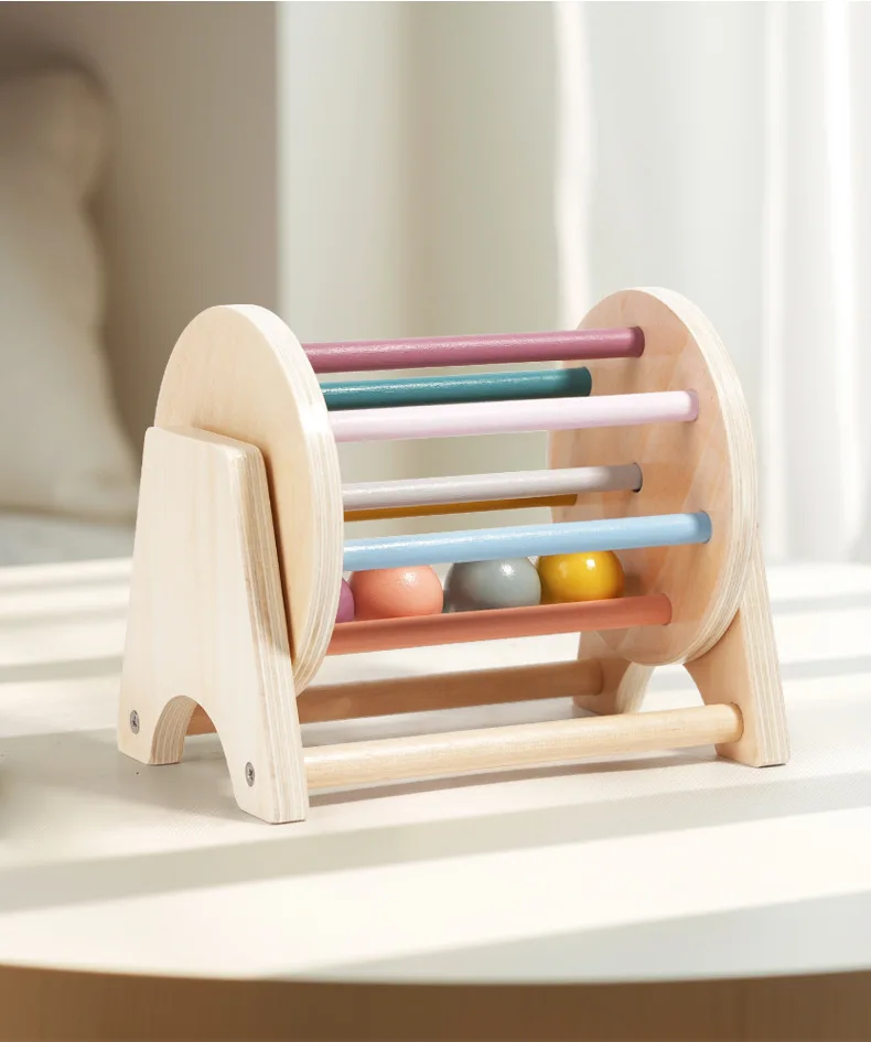 Baby Early Learning Montessori Toys Gift Wooden Rolling Ball Drum Listening Exercise Color Cognition Hand-eye Coordination Train