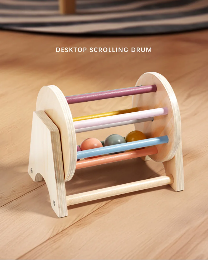 Baby Early Learning Montessori Toys Gift Wooden Rolling Ball Drum Listening Exercise Color Cognition Hand-eye Coordination Train