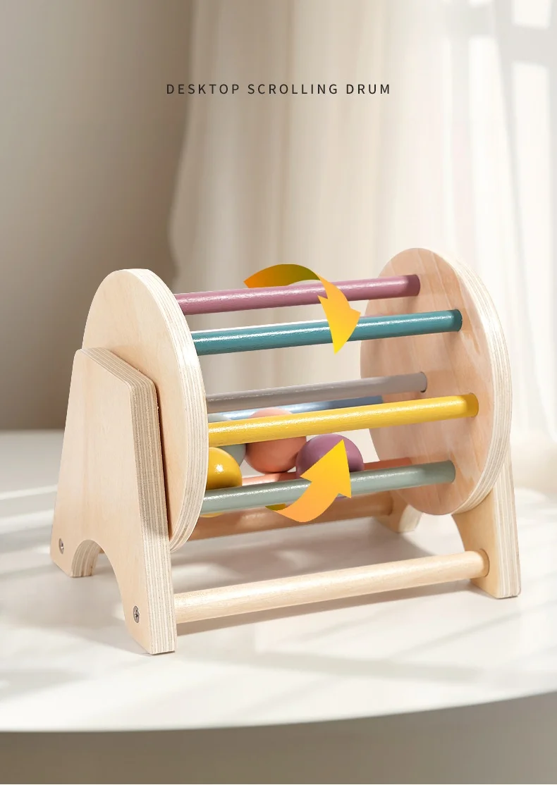 Baby Early Learning Montessori Toys Gift Wooden Rolling Ball Drum Listening Exercise Color Cognition Hand-eye Coordination Train
