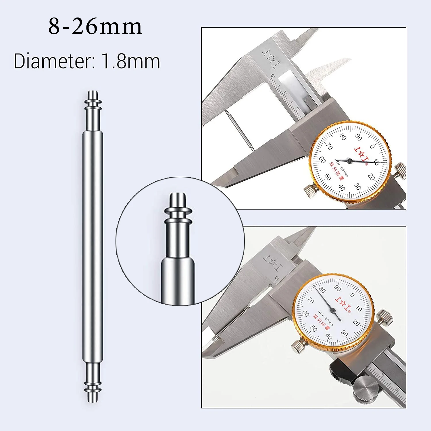 20pcs Watch Band Pins 1.8/1.5mm Diameter Full Stainless Steel Watch Spring Bars 10/15/16/18/20/21/22/23/24/26mm Watch Repair Kit