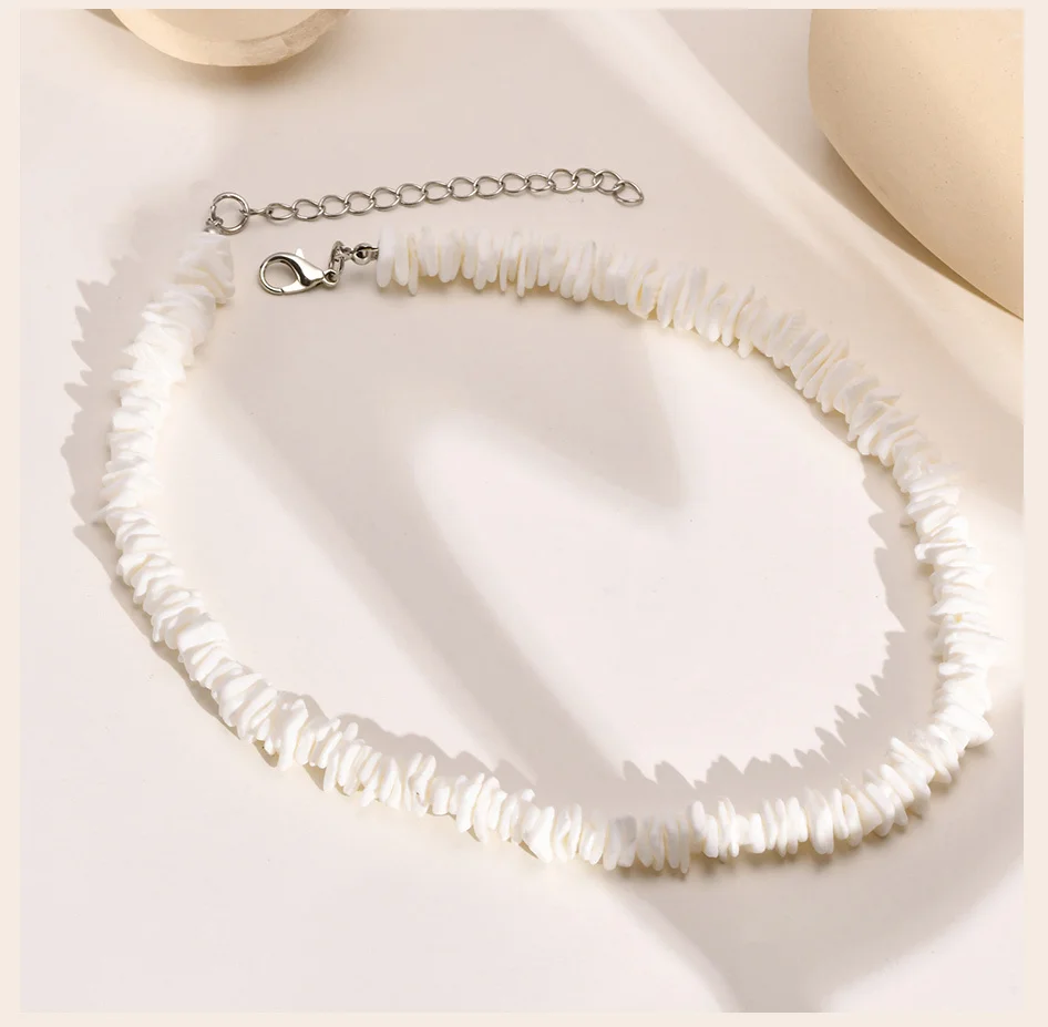 Bohemian Puka Shell Chain Necklace , Hawaiian Beach SeaShell Choker Necklace Womens Gift