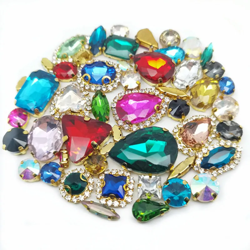22 Color 50pcs/Bag Glitter Mixed Shape Sew on Glass Rhinestone Gold Claw Crystal Buckle Diy Wedding Decoration Accessories