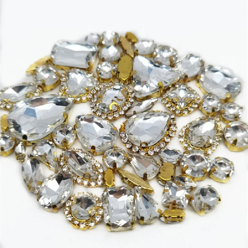 22 Color 50pcs/Bag Glitter Mixed Shape Sew on Glass Rhinestone Gold Claw Crystal Buckle Diy Wedding Decoration Accessories