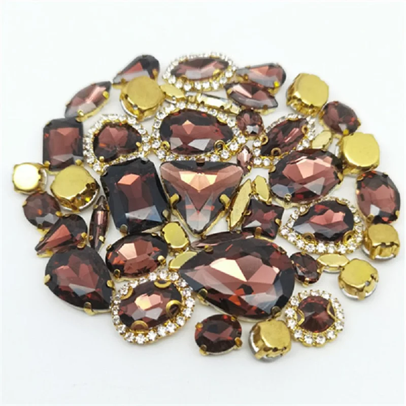 22 Color 50pcs/Bag Glitter Mixed Shape Sew on Glass Rhinestone Gold Claw Crystal Buckle Diy Wedding Decoration Accessories