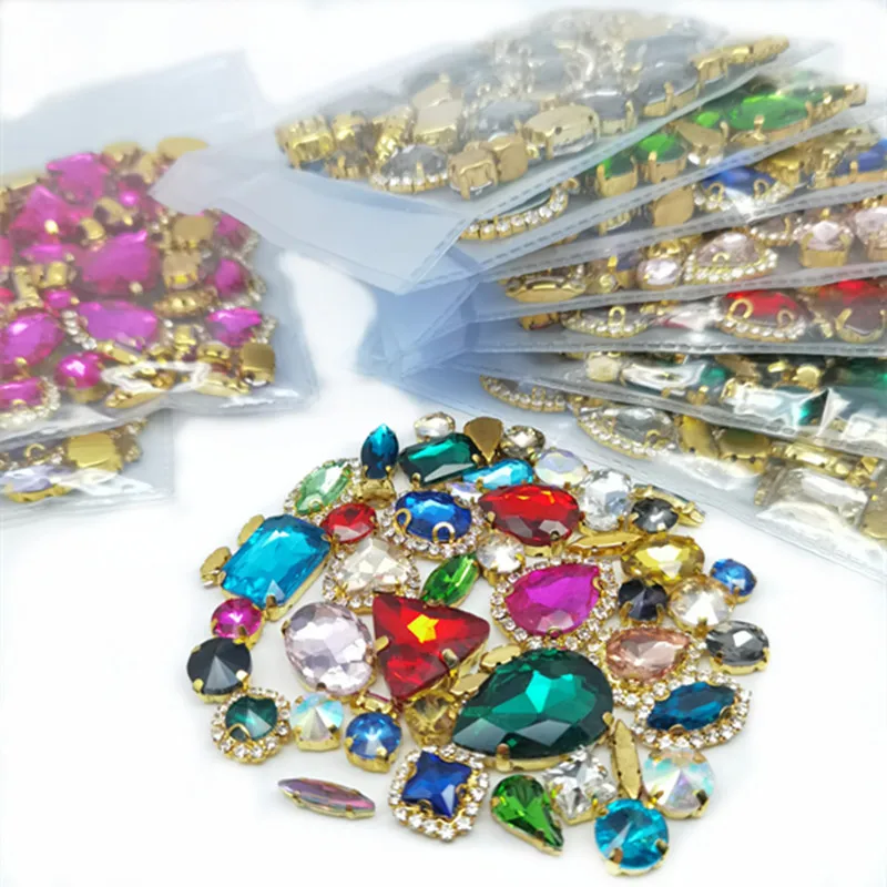 22 Color 50pcs/Bag Glitter Mixed Shape Sew on Glass Rhinestone Gold Claw Crystal Buckle Diy Wedding Decoration Accessories