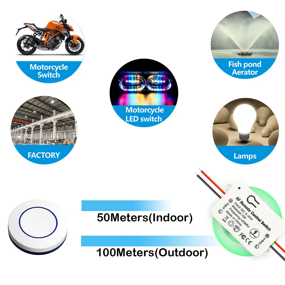 RF 433 Mhz Wireless Light Switch Push Button Wall Switch DC 12V 24V 36V 10A Radio Transmitter Remote ON OFF Led Electric Door