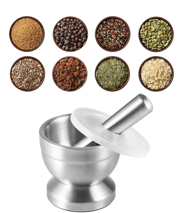 LMETJMA Stainless Steel Spice Grinder With Mortar and Pestle Herbs Spice Grinder Bowl Seasoning Mill Pill Crusher KC0245