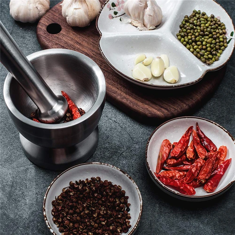 LMETJMA Stainless Steel Spice Grinder With Mortar and Pestle Herbs Spice Grinder Bowl Seasoning Mill Pill Crusher KC0245