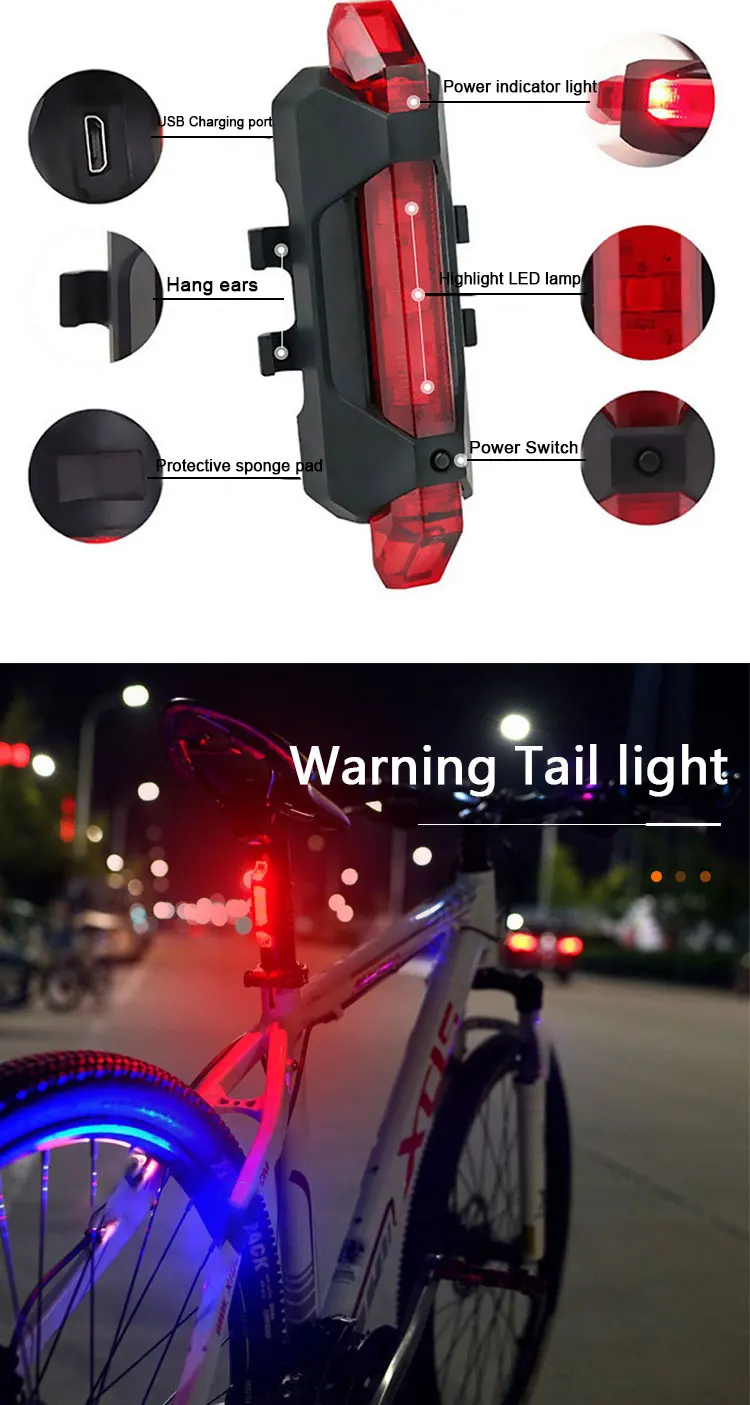 USB Rechargeable Bike Light Front Light Red Taillight Easy to Install 3 Modes Bicycle Accessories for the Bicycle