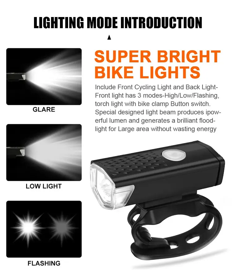 USB Rechargeable Bike Light Front Light Red Taillight Easy to Install 3 Modes Bicycle Accessories for the Bicycle