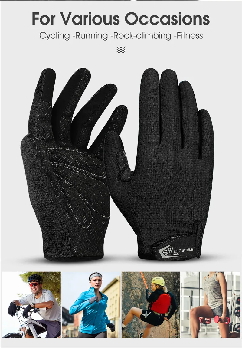 WEST BIKING Summer Cycling Gloves Full Finger MTB Bike Gloves Touch Screen Non Slip Silicone Palm Driving Riding Gloves
