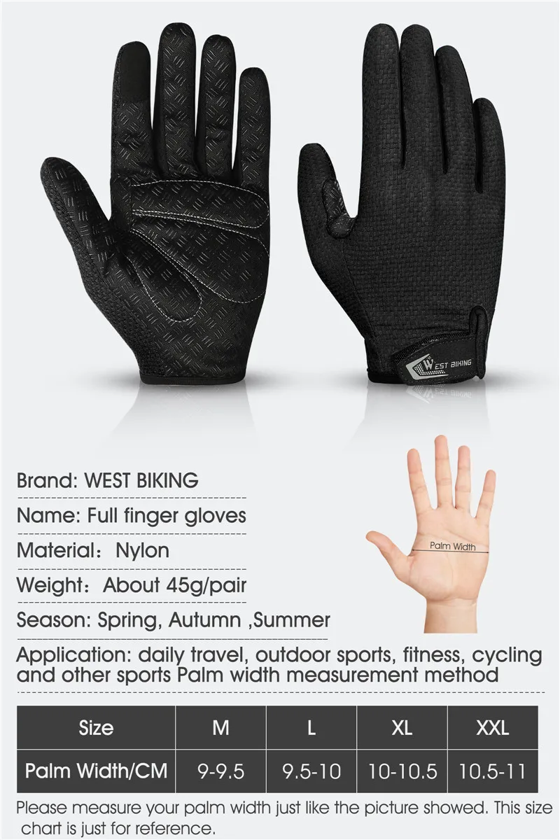 WEST BIKING Summer Cycling Gloves Full Finger MTB Bike Gloves Touch Screen Non Slip Silicone Palm Driving Riding Gloves