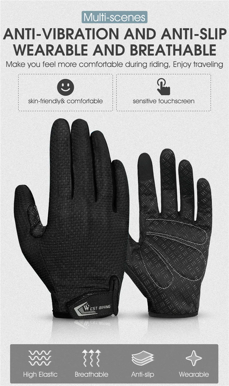 WEST BIKING Summer Cycling Gloves Full Finger MTB Bike Gloves Touch Screen Non Slip Silicone Palm Driving Riding Gloves