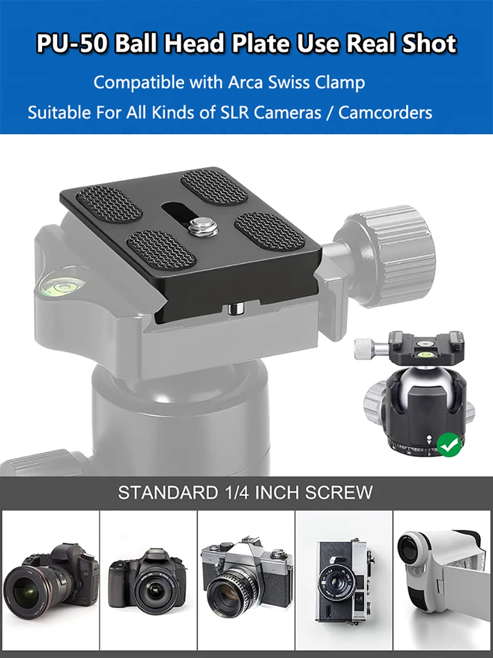 BEXIN Universal Aluminum Alloy Quick Release Plate Tripod Mount Adapter with 1/4 Screw for Benro Arca Swiss Ball Head and Camera