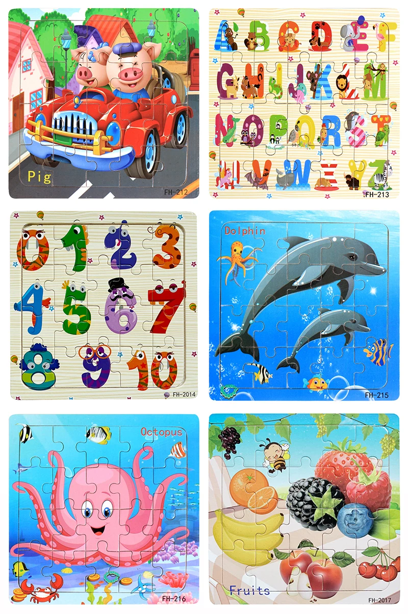 20piece Wooden Puzzle Cartoon Animals Car Letter Number Pattern Jigsaw Puzzles Game Kids Educational Learning Toys for Children