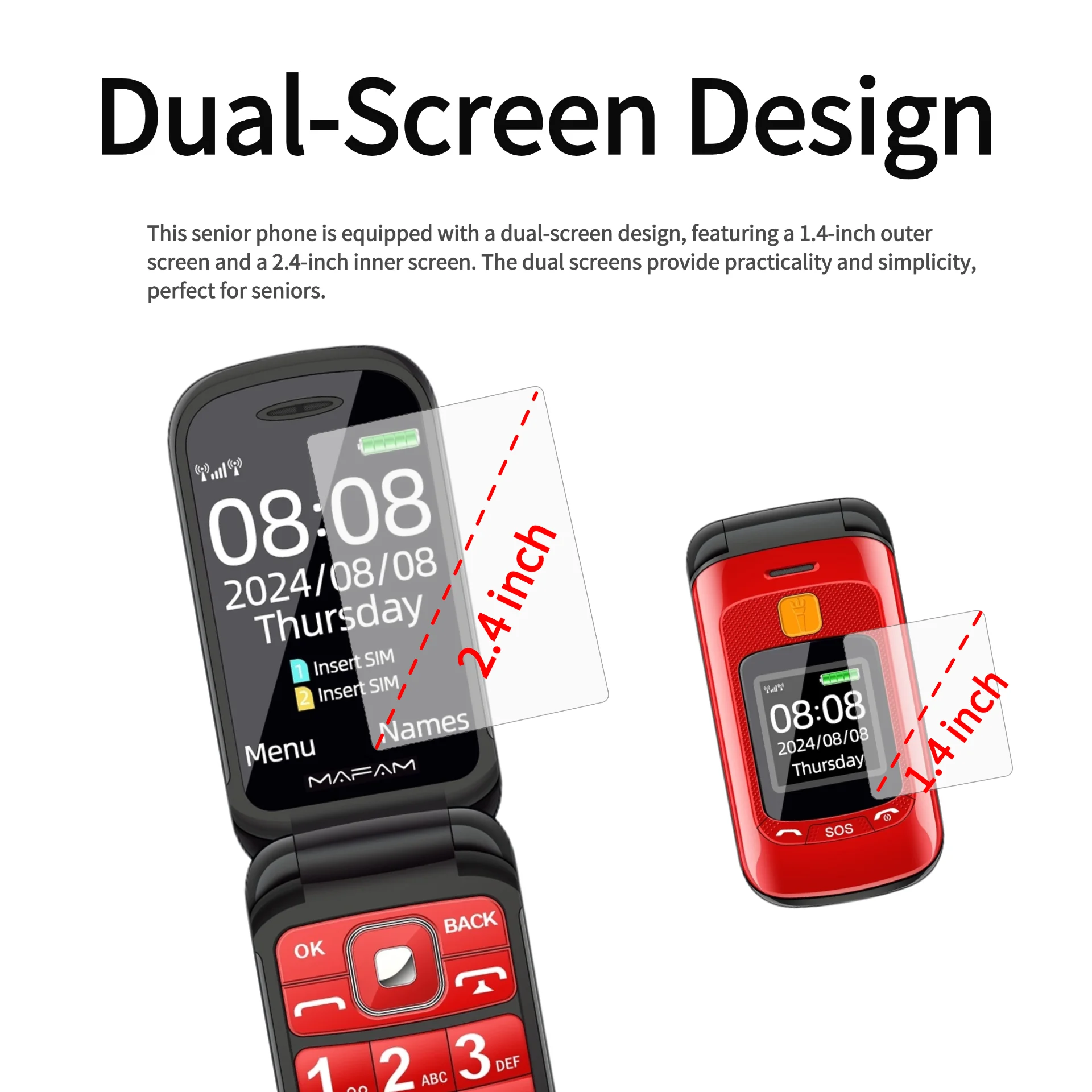 Senior Flip Dual Display Mobile Phone For Elderly Two SIM Card Large Button Speed Dial Flashlight FM Radio Push Button SOS Call