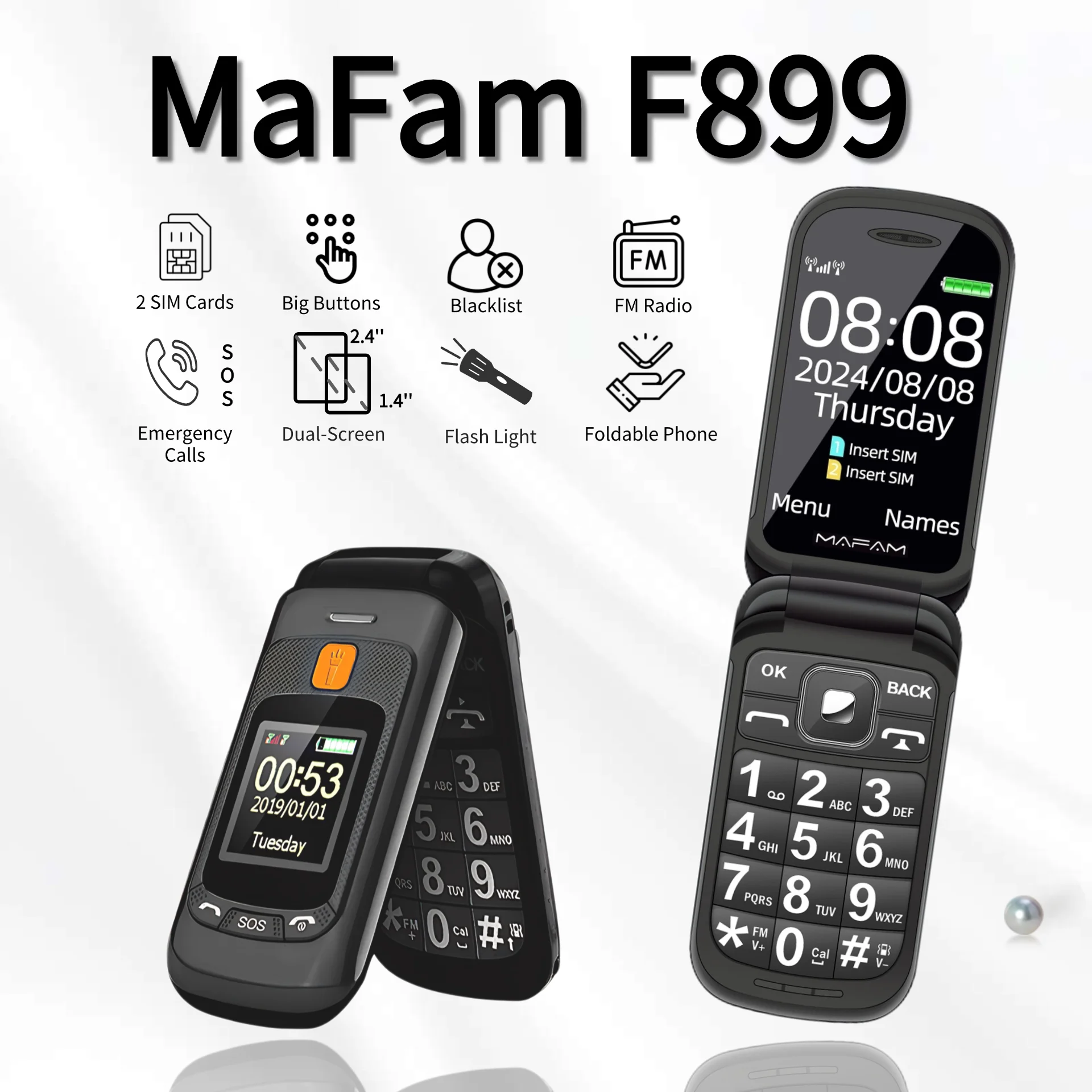 Senior Flip Dual Display Mobile Phone For Elderly Two SIM Card Large Button Speed Dial Flashlight FM Radio Push Button SOS Call
