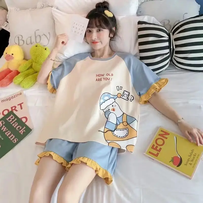 2PCS/Set Pajamas Ladies Short-Sleeved Loose Version Students Large Size Princess Style Strawberry Dinosaur Kawaii Cute Homewear
