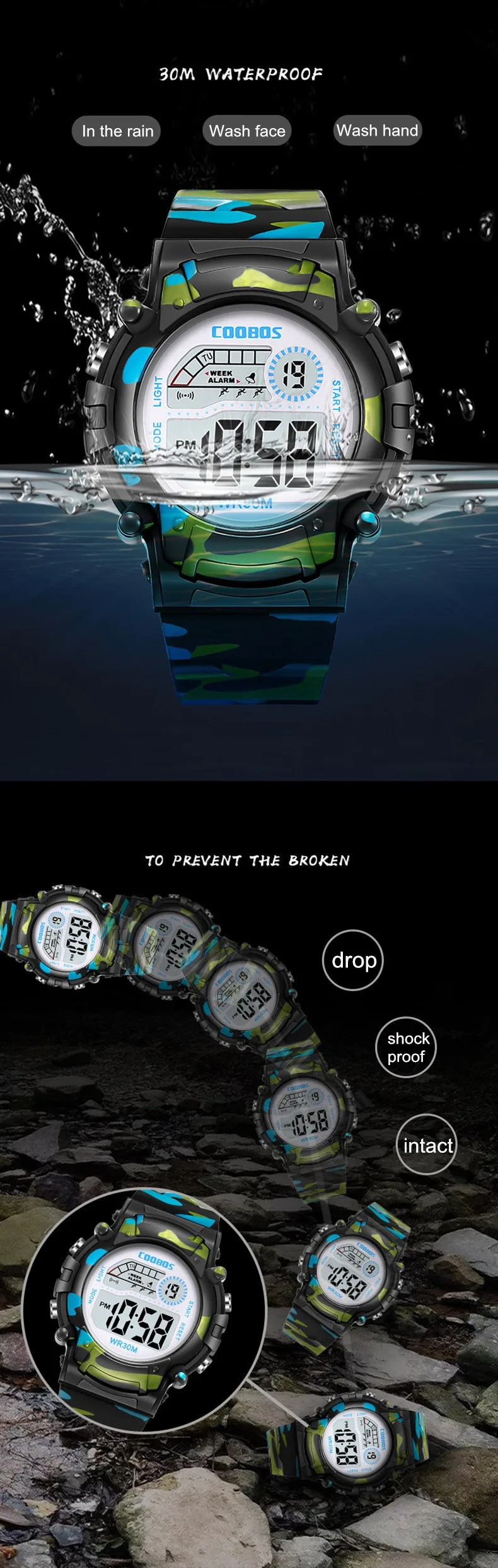 Sport Digital Watch for Kids Waterproof Luminous Children's Electronic LED Watch Fashion Multi-function Week Display Kids Watch