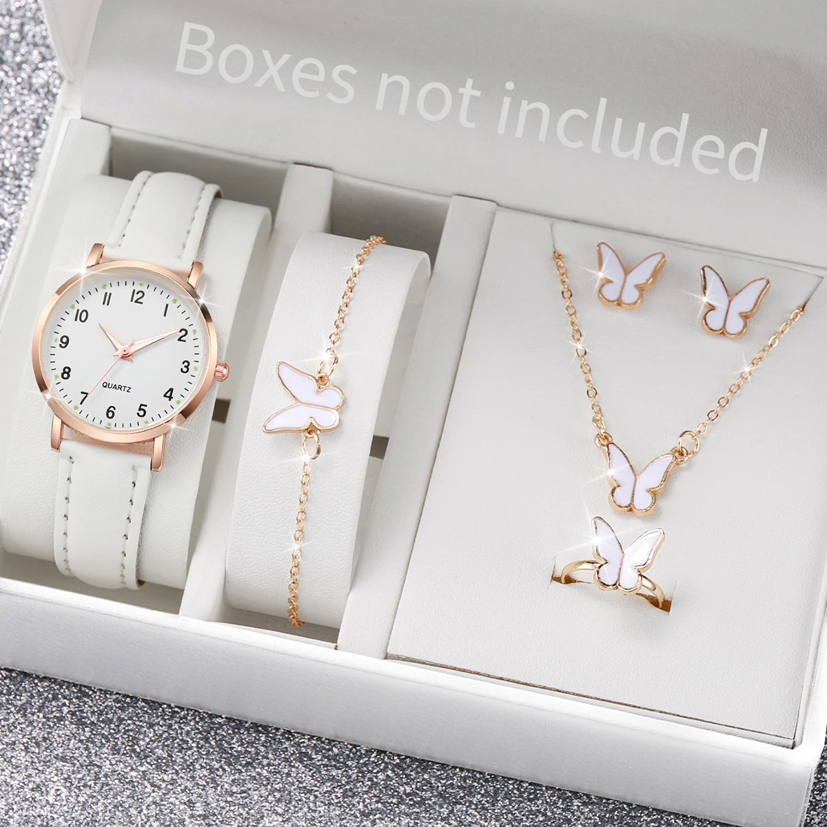 6PCS Women's Watch Fashion Arabic Dial Leather Band Quartz Watches Butterfly Jewelry Set(Without Box)