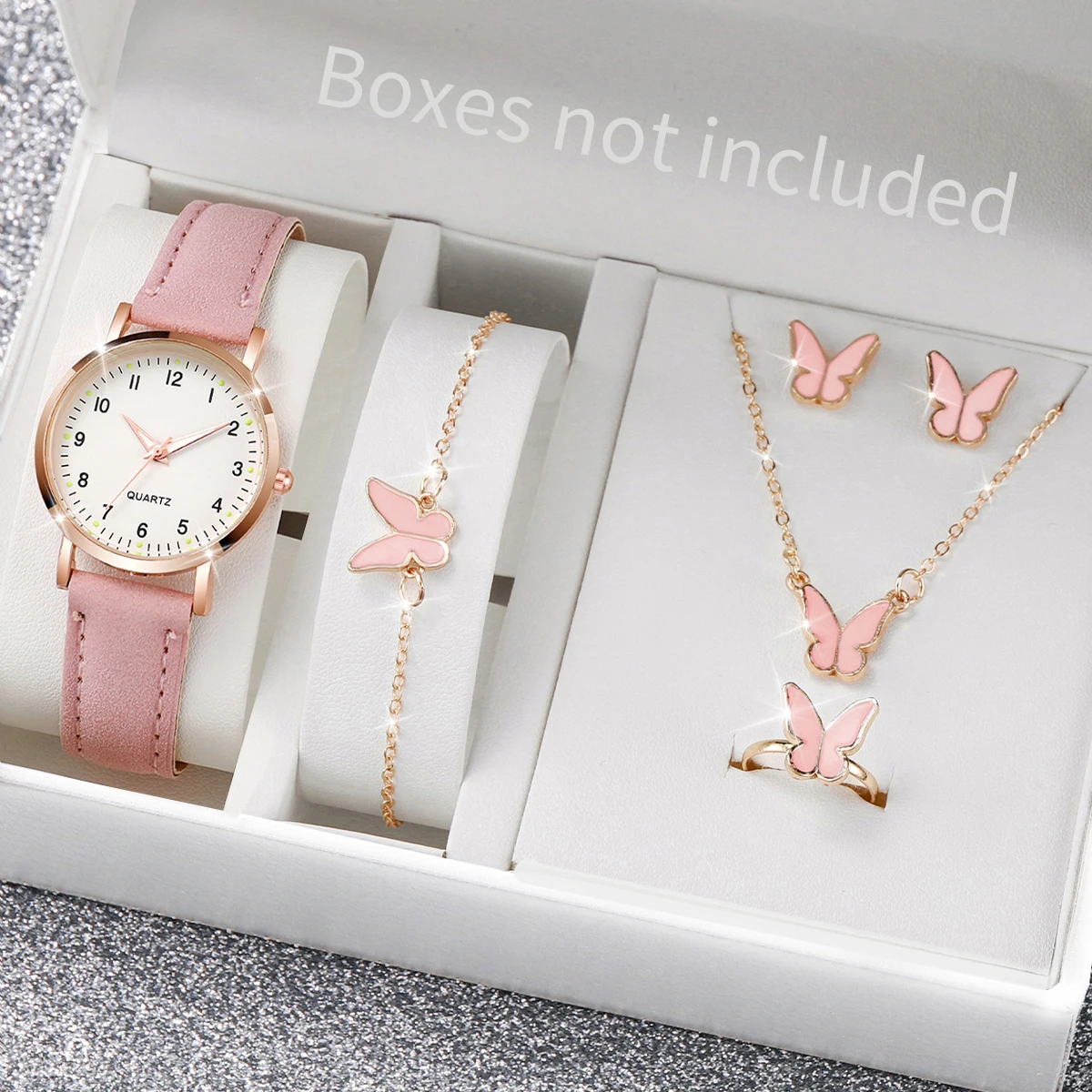 6PCS Women's Watch Fashion Arabic Dial Leather Band Quartz Watches Butterfly Jewelry Set(Without Box)
