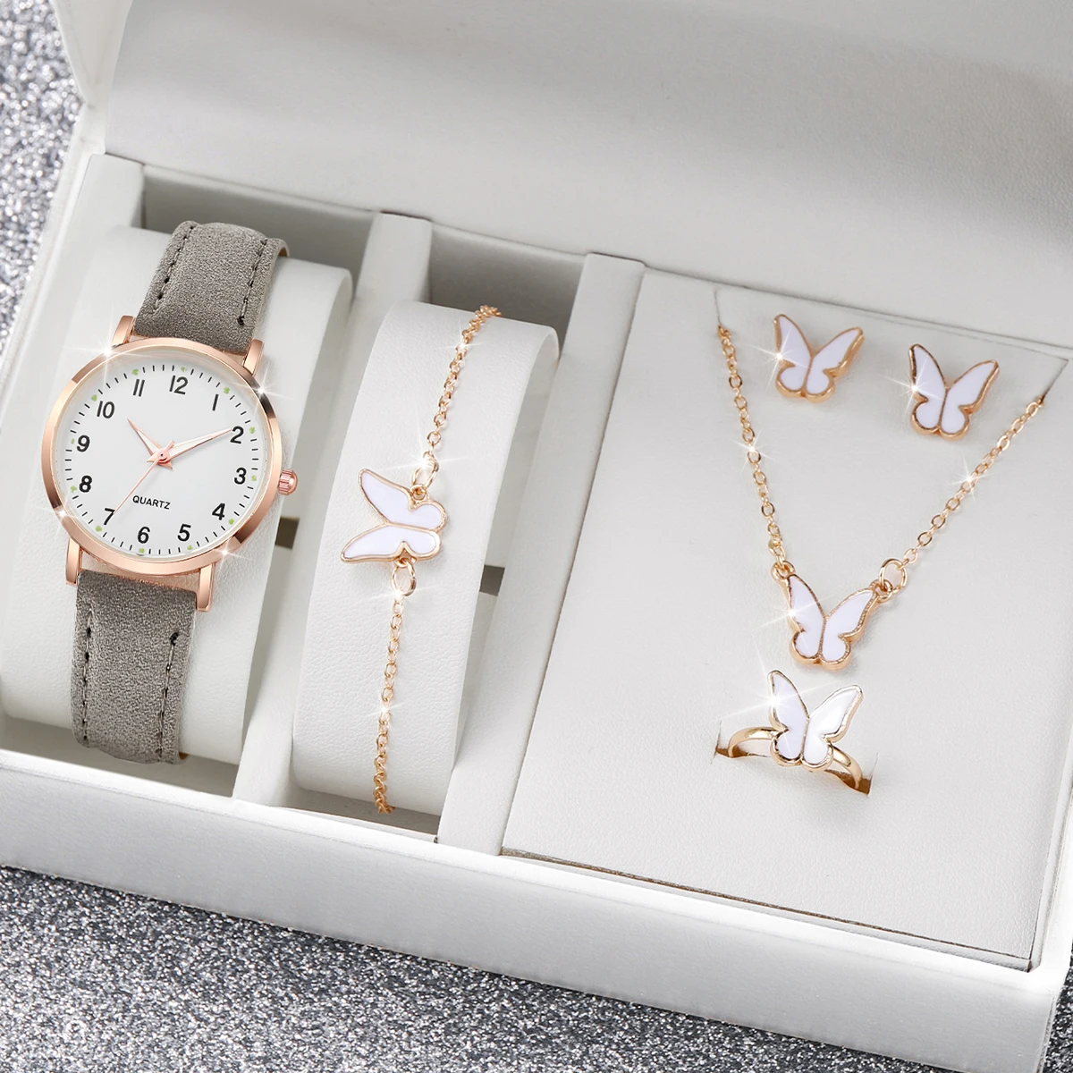 6PCS Women's Watch Fashion Arabic Dial Leather Band Quartz Watches Butterfly Jewelry Set(Without Box)