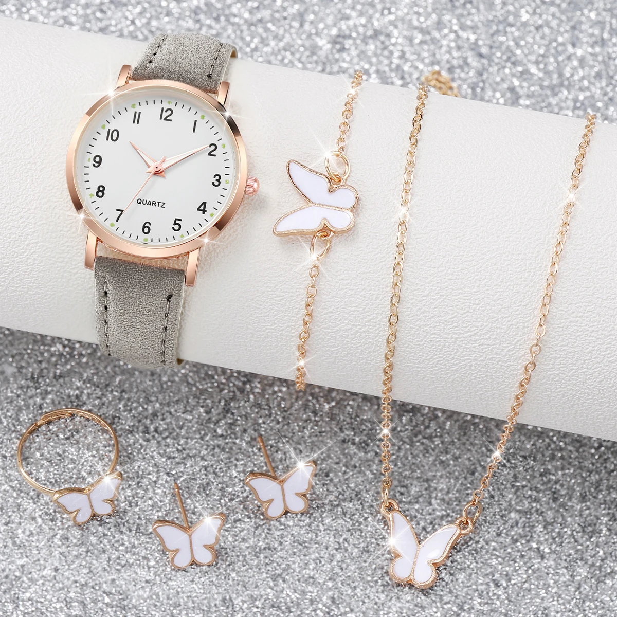 6PCS Women's Watch Fashion Arabic Dial Leather Band Quartz Watches Butterfly Jewelry Set(Without Box)