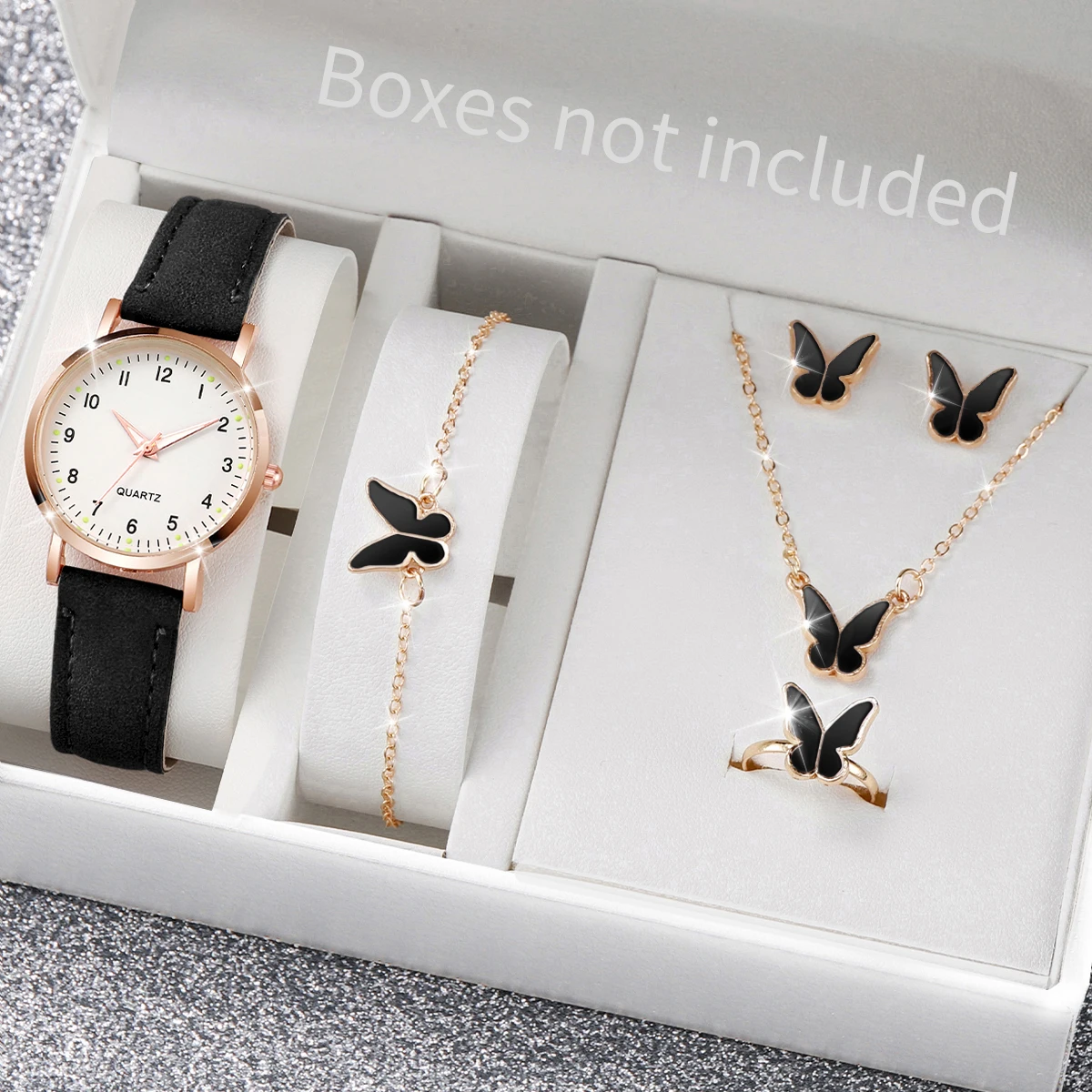 6PCS Women's Watch Fashion Arabic Dial Leather Band Quartz Watches Butterfly Jewelry Set(Without Box)