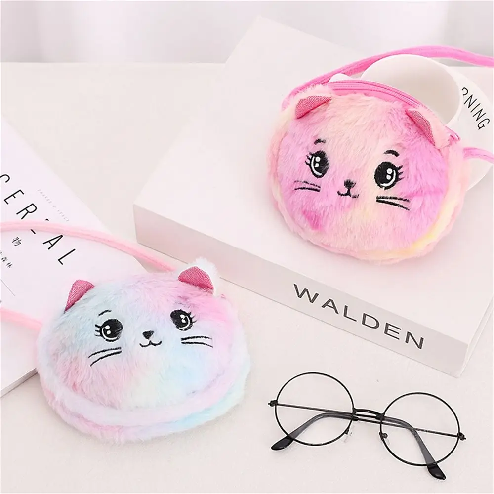Rainbow Color Cat Messenger Shoulder Bag Purse for Kids Mini Lovely Pockets Plush Stuffed Dolls Soft Handbags Gift for Girls