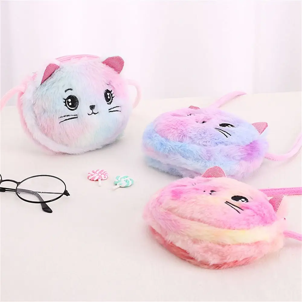 Rainbow Color Cat Messenger Shoulder Bag Purse for Kids Mini Lovely Pockets Plush Stuffed Dolls Soft Handbags Gift for Girls