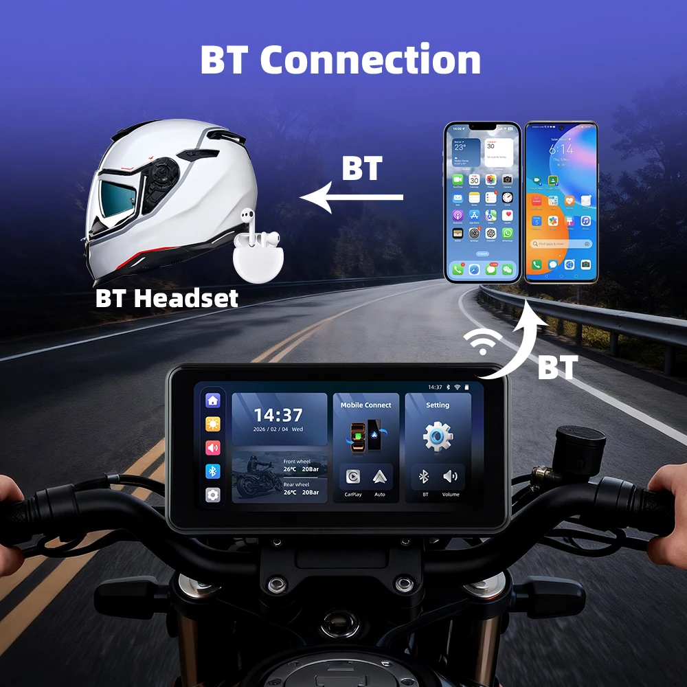 EKIY 6.25" Wireless CarPlay Moto Android Auto Portable Digital Motorcycle Dashboard GPS Navigation Display Screen TPMS Monitor