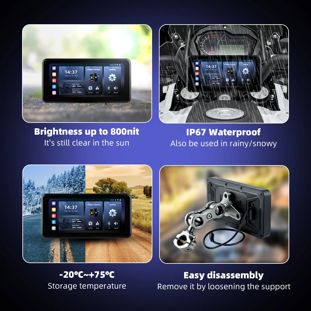 EKIY 6.25" Wireless CarPlay Moto Android Auto Portable Digital Motorcycle Dashboard GPS Navigation Display Screen TPMS Monitor