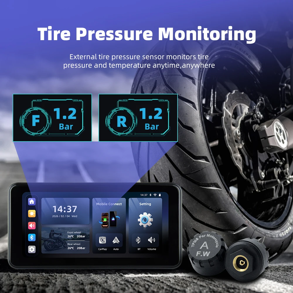 EKIY 6.25" Wireless CarPlay Moto Android Auto Portable Digital Motorcycle Dashboard GPS Navigation Display Screen TPMS Monitor