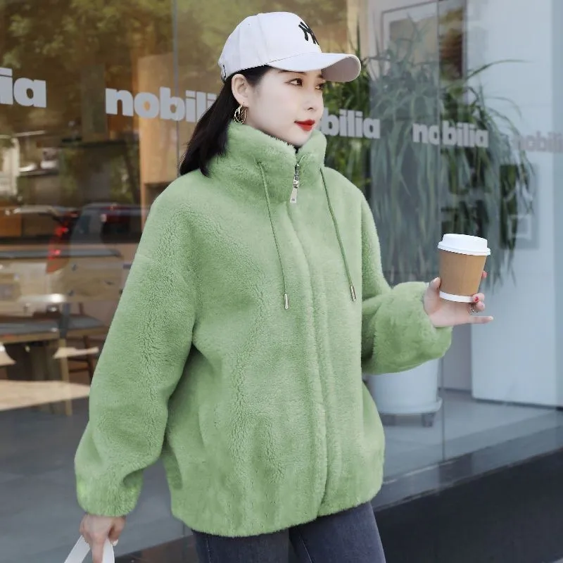 Women Winter Double Coral Fleece Warm Coat Stand Collar Plush Thick Overcoat Female Fashion Casual Long Sleeve Zipper Clothes