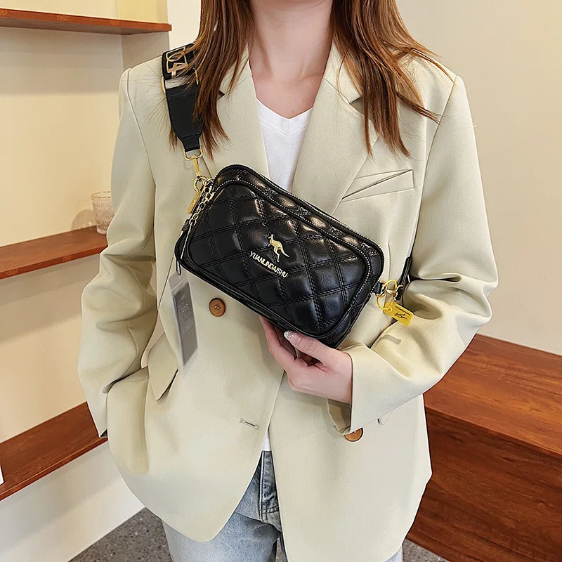 Argyle Pattern Simple Shoulder Bag, Multiple Pockets Crossbody Bags, Zipper Closure Women Leather Bag, Designer Bag, Purses