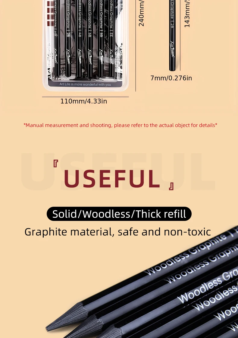 Wood free graphite sketching carbon pencil set, art student drawing, charcoal pencil, solid, wholesale