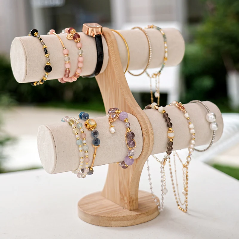 Double Layer Rack Organizer Wood Jewelry Bracelet Storage Display Chain Watch Hard Stand Holder Woman Assemble