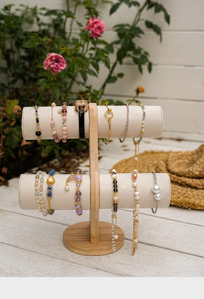 Double Layer Rack Organizer Wood Jewelry Bracelet Storage Display Chain Watch Hard Stand Holder Woman Assemble