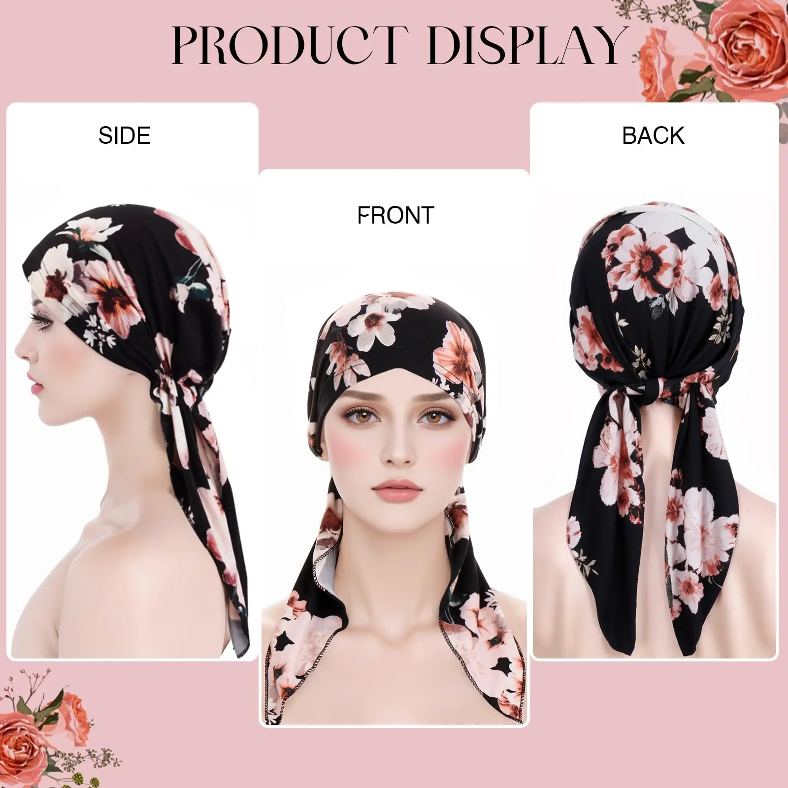 Pre Tied Chemo Cancer Headscarf Floral Print Turban Hijab Hat Soft Elastic Head Coverings Head Wraps for Women Sleep Caps