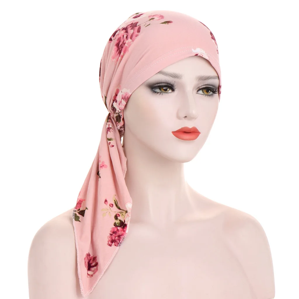 Pre Tied Chemo Cancer Headscarf Floral Print Turban Hijab Hat Soft Elastic Head Coverings Head Wraps for Women Sleep Caps