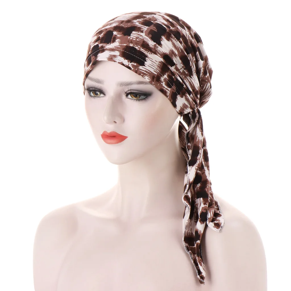 Pre Tied Chemo Cancer Headscarf Floral Print Turban Hijab Hat Soft Elastic Head Coverings Head Wraps for Women Sleep Caps